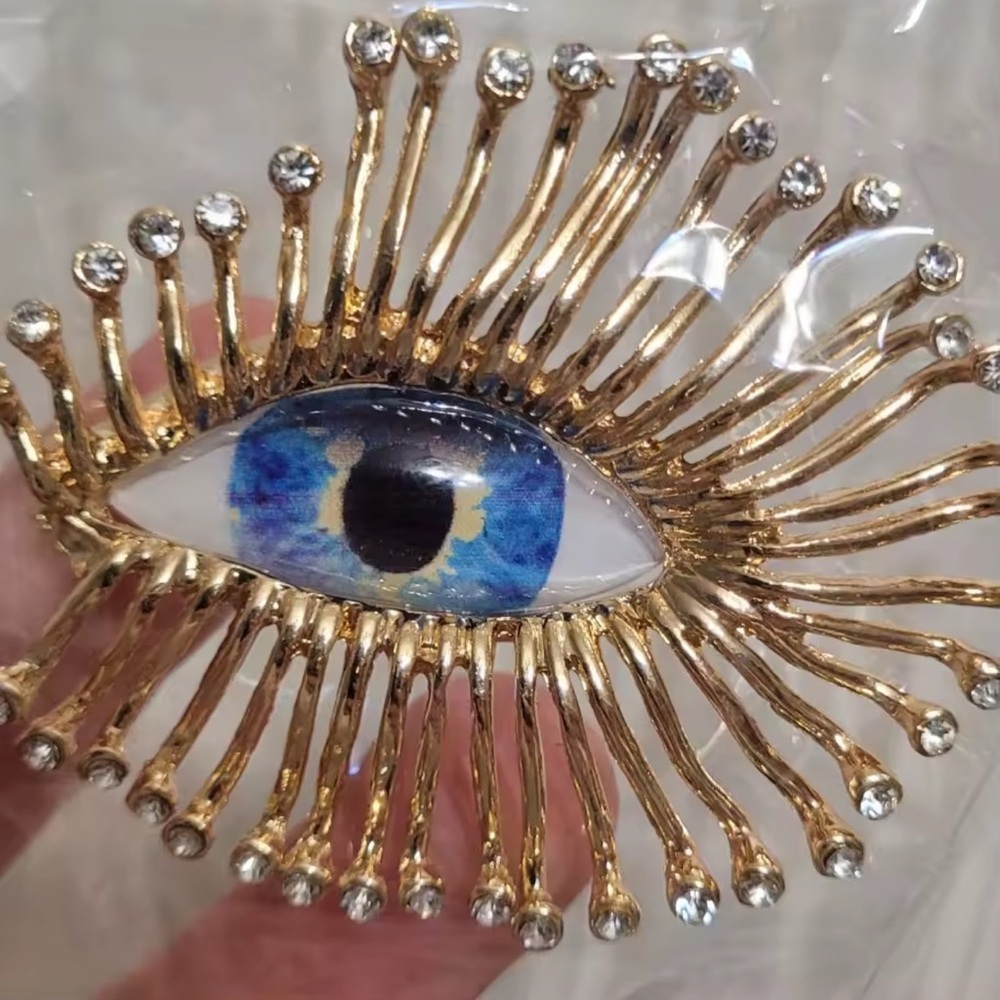 Mystic Gaze Gold Sunburst Crystal Blue Eye Motif Brooch - Picture 6 of 10